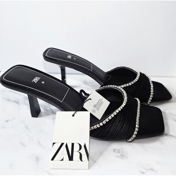 Zara Black Rhinestone High Heel Sandals Size 7.5 US 38 Square Toe Slip On New - Picture 9 of 12